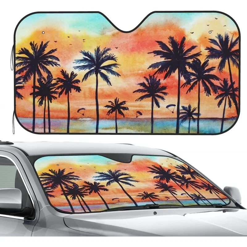 

Front Window Car Sun Shade Windshield Tropical Palms Watercolor Foldable Cute Sunshade for Car Truck SUV Blocks Uv Rays Visor