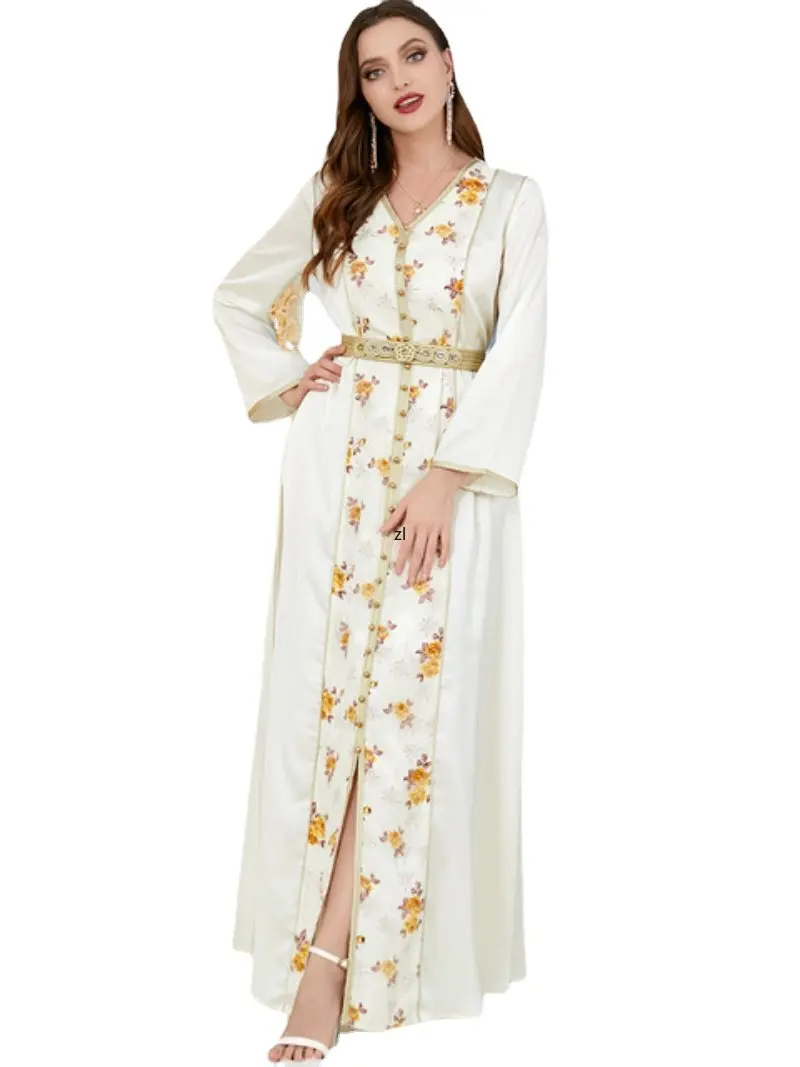 

Prom Dresses 2023 Floral Embroidery Belted Kaftan V-Neck Beading Party Dress Jalabiyat Ramadan Abaya Clothes For Women