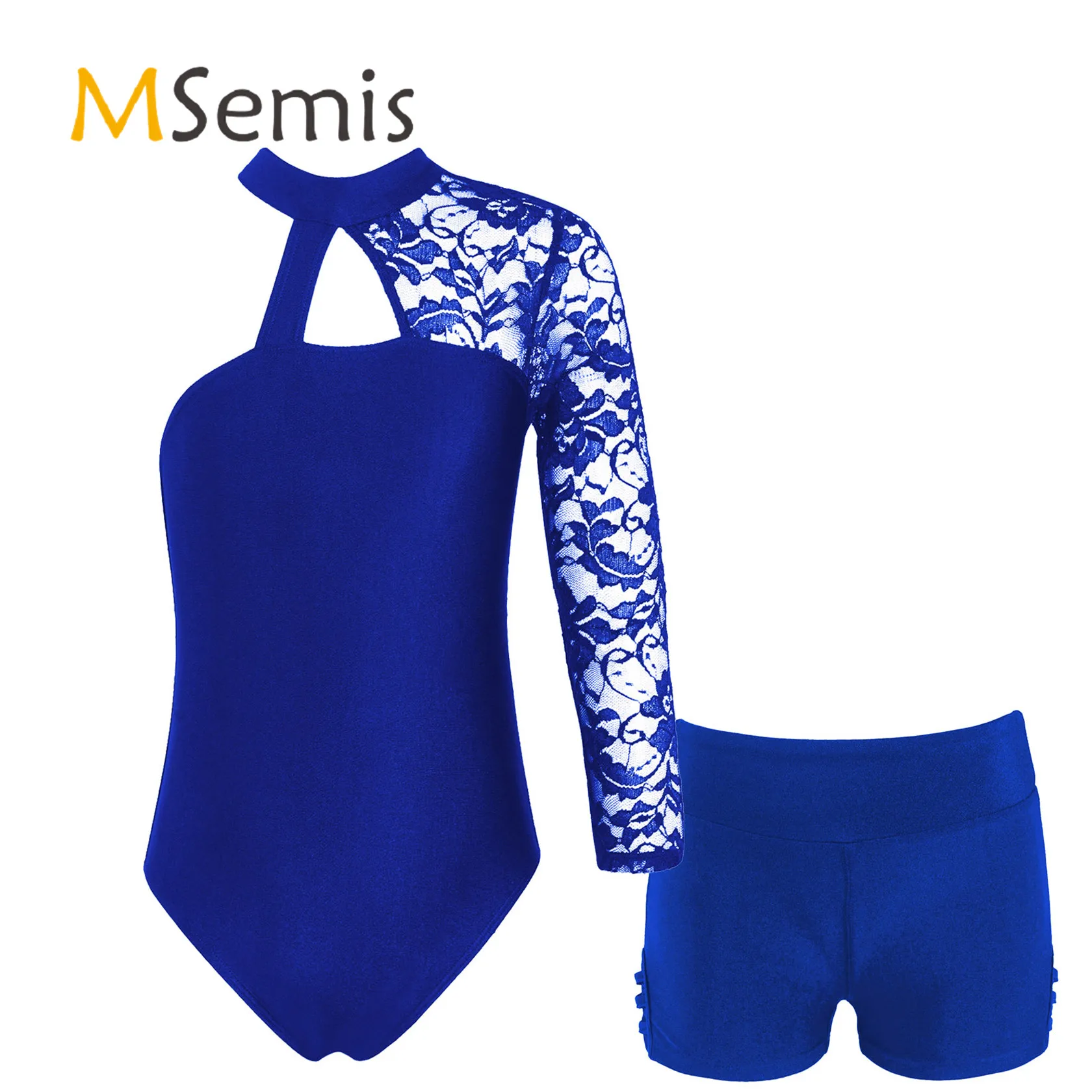 

Kids Girls Gymnastics Ballet Dancewear Lace Long Sleeve Ballet Leotards Jumpsuit with Wide Elastic Waistband Strappy Side Shorts