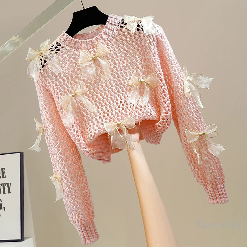 Contrast Color Sweet Tridimensional Bow Hollow Knit T-Shirt for Women New Design Round Neck Pullover Short All-Matching Top 2022
Contrast Color Sweet Tridimensional Bow Hollow Knit T-Shirt for Women New Design Round Neck Pullover Short All-Matching Top 2022