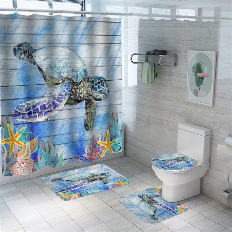 

Sea Turtle Shower Curtains Nordic Style Print Bath Mat Set Polyester Toilet Rugs Waterproof Bath Curtains Carpets Bathroom Decor