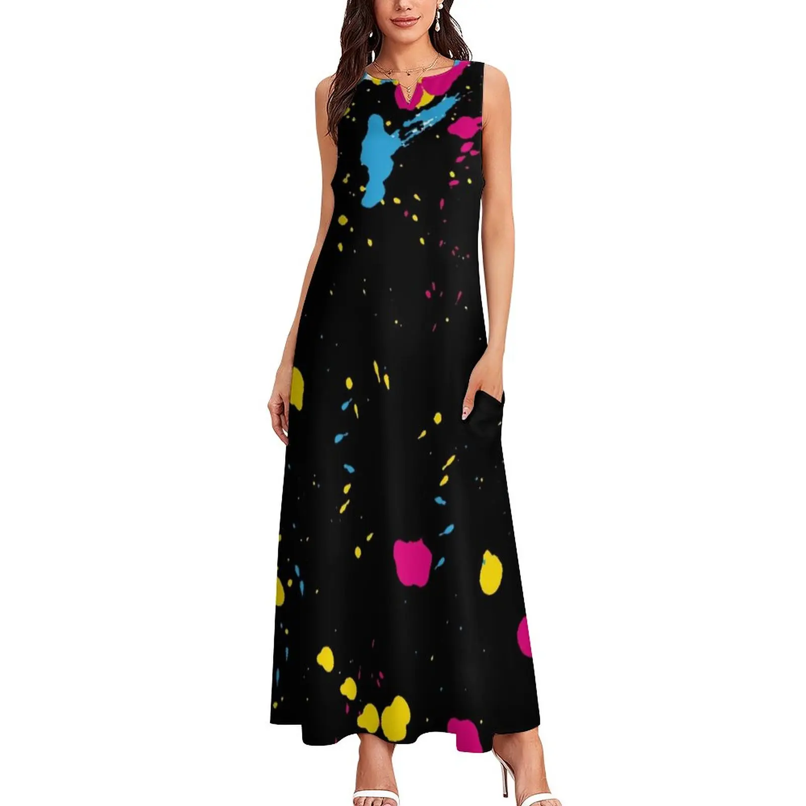 

80S Paint Splash Dress Graffiti Color Print Party Maxi Dress Street Wear Casual Long Dresses V Neck Graphic Vestido Big Size 4XL