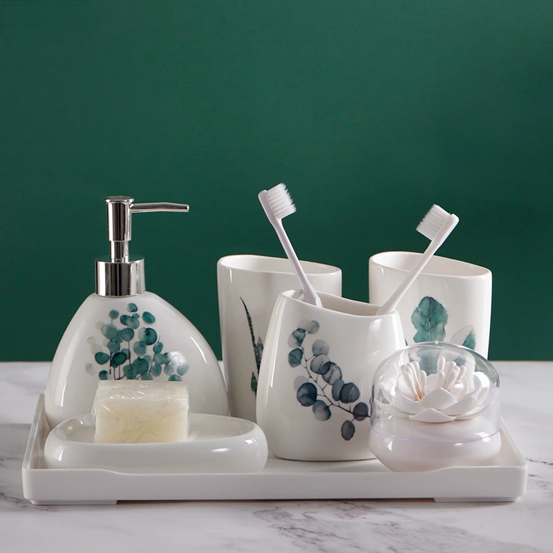 Northern Europe Leaves Pattern Ceramic Bathroom Five-piece Bathroom Accessories Kit Wash Cup Gift Set Wash Set
Northern Europe Leaves Pattern Ceramic Bathroom Five-piece Bathroom Accessories Kit Wash Cup Gift Set Wash Set