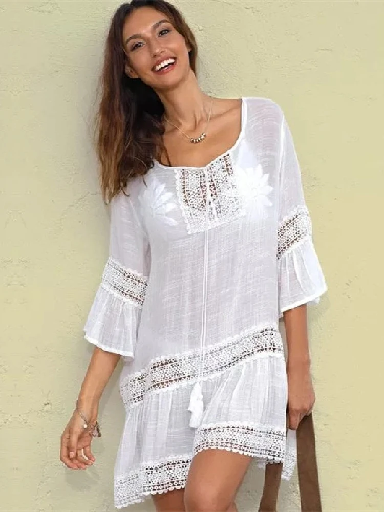 2022 Sexy Bikini Set Cover-ups Casual V-neck Short Sleeve Summer Beach Dress White Tunic Women Beach Wear Swim Suit Cover Up
2022 Sexy Bikini Set Cover-ups Casual V-neck Short Sleeve Summer Beach Dress White Tunic Women Beach Wear Swim Suit Cover Up