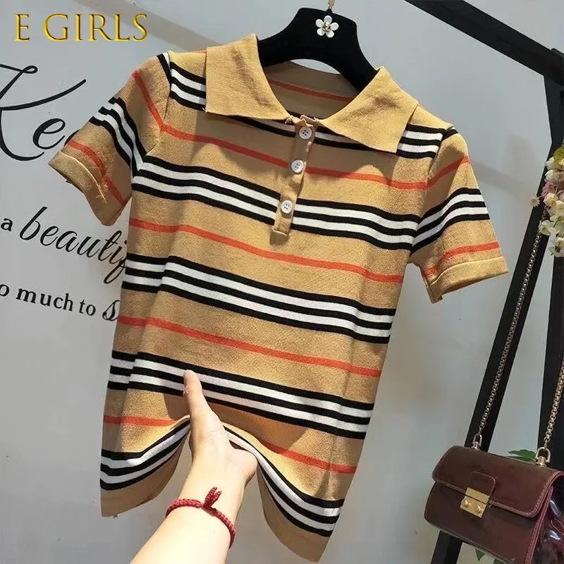E GIRLS Light luxury 2022 new summer sweater striped short-sleeved polo collar t-shirt ladies top loose half-sleeved thin y2k
E GIRLS Light luxury 2022 new summer sweater striped short-sleeved polo collar t-shirt ladies top loose half-sleeved thin y2k