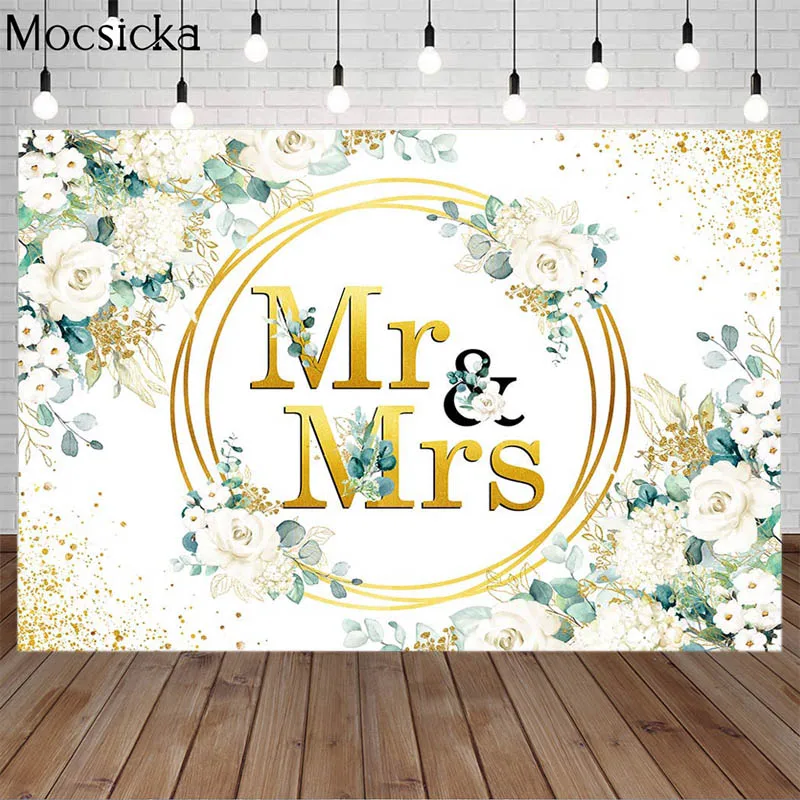 Фон для свадебной фотосъемки «Мистер и миссис» с зелеными листьями и вечерние АМИ 
Фон для свадебной фотосъемки «Мистер и миссис» с зелеными листьями и вечерние АМИ