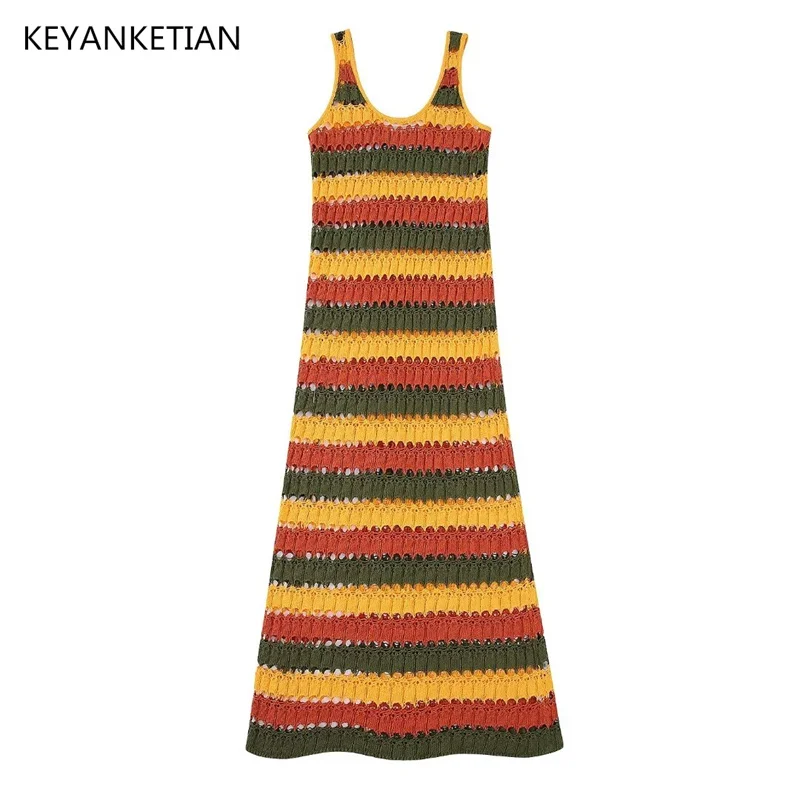 

KEYANKETIAN Summer New Boho Style Horizontal Stripe Color Matching Hollowed Out Crochet Suspender Dress Long Sundress Thin