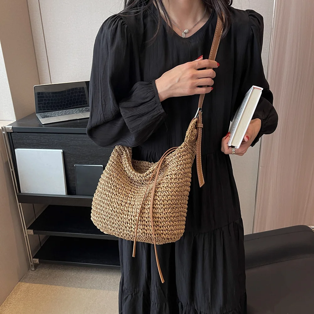 

Летняя Плетеная соломенная сумка для женщин, сумка на плечо, сумка из рафии и бумажной веревки в стиле бохо, пляжные сумки, Повседневная сумка-мессенджер через плечо, женский кошелек