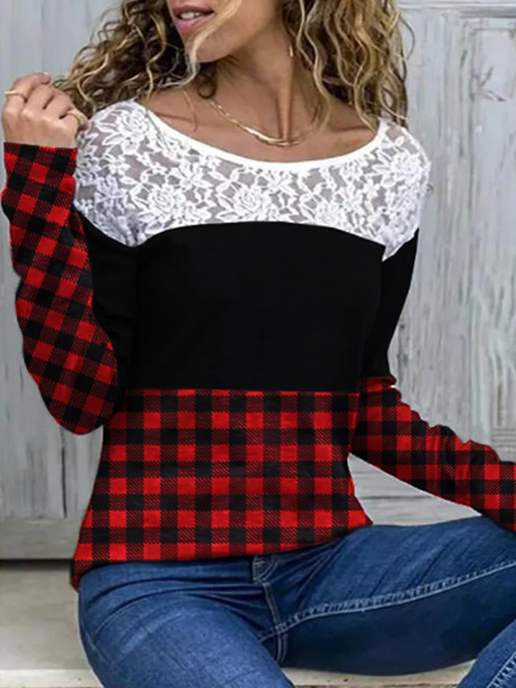 Women Round-neck Cotton Lace-paneled Plaid Top Long Sleeve Lady Casual Loose Blouse Tops
Women Round-neck Cotton Lace-paneled Plaid Top Long Sleeve Lady Casual Loose Blouse Tops