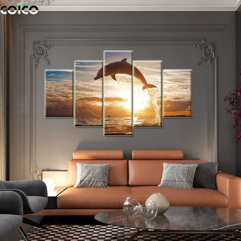 

5 панелей настенное искусство с рамкой плакат дельфина закат моря пейзаж холст печать живопись современное искусство модульный домашний Декор картина