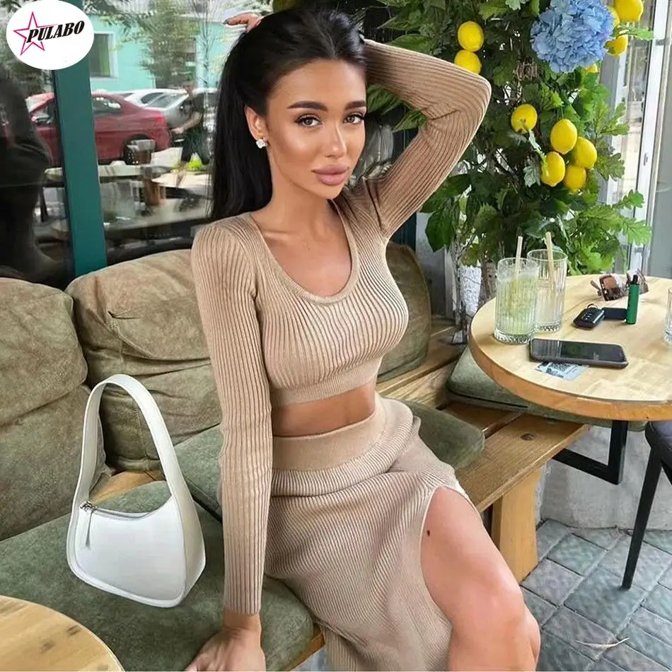 PULABO Knitted Winter Women Sexy Sweater Skirt Suit Y2K Fashion Long Sleeve Crop Tops And Long Split Skirt Dress Two Piece Sets
PULABO Knitted Winter Women Sexy Sweater Skirt Suit Y2K Fashion Long Sleeve Crop Tops And Long Split Skirt Dress Two Piece Sets