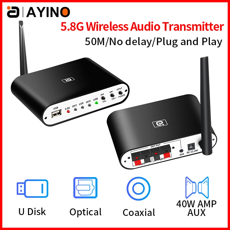

5.8G Wireless Audio Receiver Transmitter 5.1CH Surround Ｗiring 50M Optical Coaxial L&R Udisk DAC Decoder Stereo 40W Power Amp