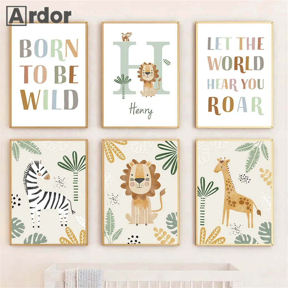

Jungle Animals Canvas Poster Custom Name Print Lion Giraffe Wall Art Painting Leaf Wall Pictures Nursery Posters Kids Room Decor