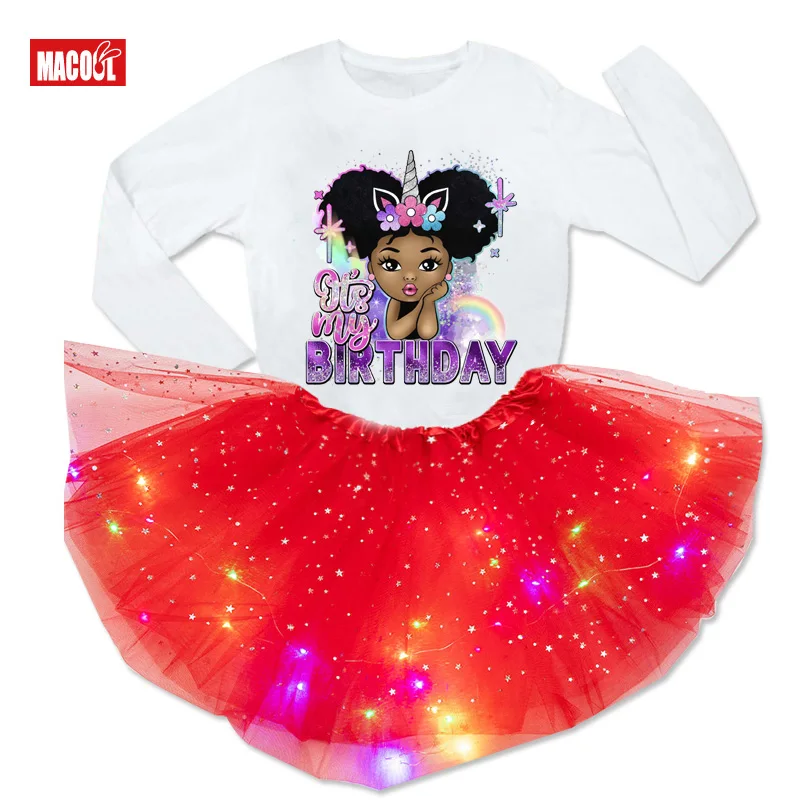 Birthday Girls Dress Princess 6 Years Afro Girl Unicorn Party Light Tutu Suits Black Girl Birthday Outfits Long Sleeved T-shirt
Birthday Girls Dress Princess 6 Years Afro Girl Unicorn Party Light Tutu Suits Black Girl Birthday Outfits Long Sleeved T-shirt