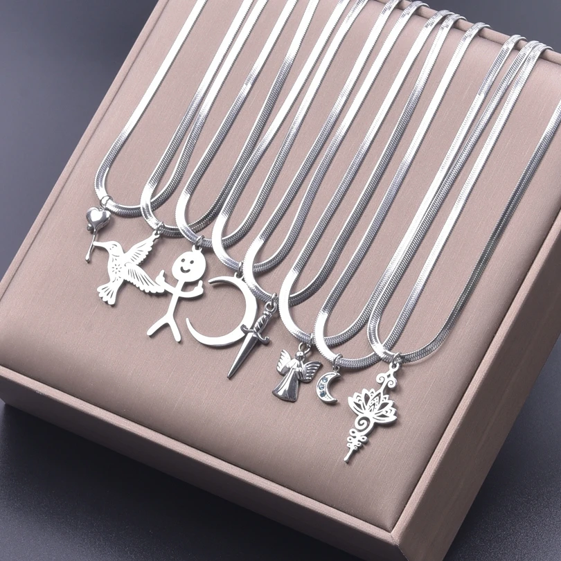 

45cm Snake Chain Pendant Necklace Heart Lotus Flower Moon Stainless Steel Necklaces For Women Men Accessories Sun Choker Jewelry