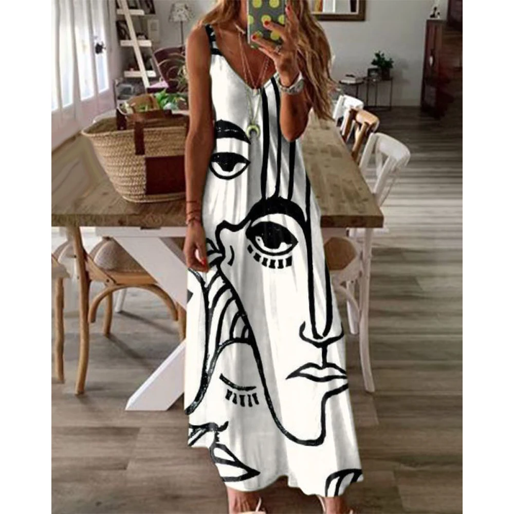 Fashion Women Abstract Figure Print V-Neck Maxi Dress Summer Holiday Sleeveless Beach Wear Sling Dress Holiday Sundress 2023
Fashion Women Abstract Figure Print V-Neck Maxi Dress Summer Holiday Sleeveless Beach Wear Sling Dress Holiday Sundress 2023