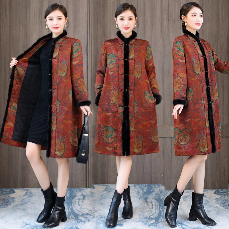 

Winter Chinese Style Trench Coat Mid-length Loose Thick Warm Padded Jacket Women National Vintage Traditional China Tang Suit