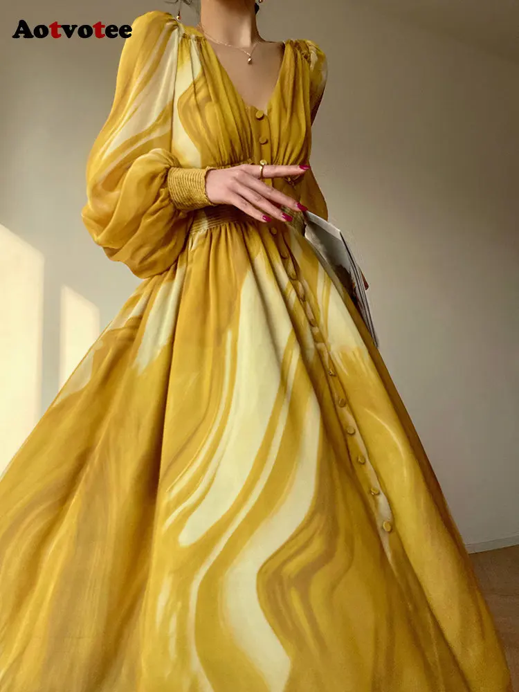Aotvotee 2023 Summer Dress for Women Long Sleeve V Neck A Line Midi Long Dress Fashion Yellow Print Fairycore Dress High Quality
Aotvotee 2023 Summer Dress for Women Long Sleeve V Neck A Line Midi Long Dress Fashion Yellow Print Fairycore Dress High Quality