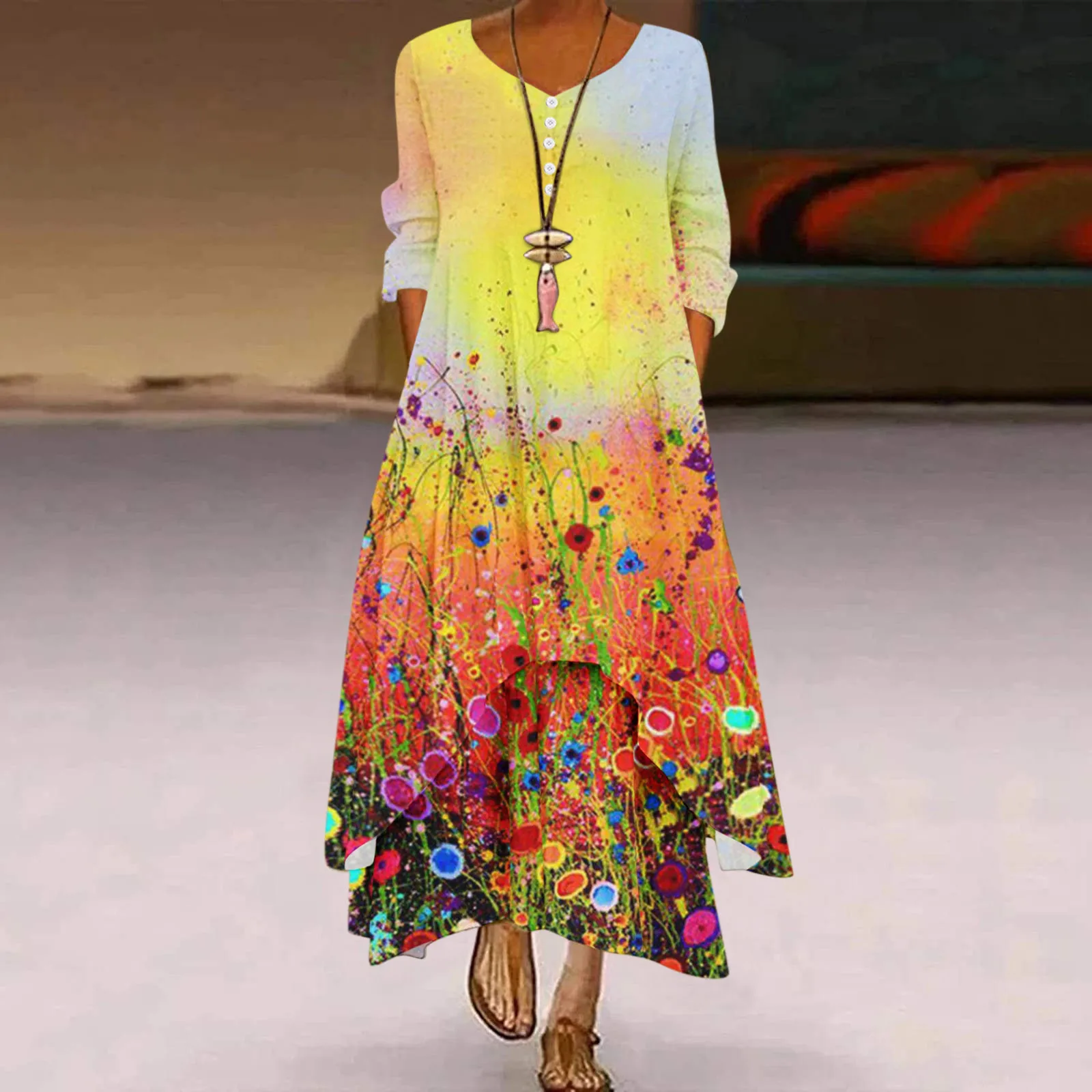 Women Floral Loose Long Maxi Dress Oversized Bohemian Summer Beach Dress 
Women Floral Loose Long Maxi Dress Oversized Bohemian Summer Beach Dress