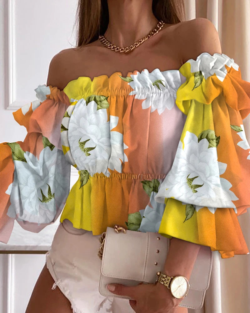 2022 Women Floral Print Off Shoulder Frill Hem Peplum Ladies Top Casual Tee Shirt Summer Holiday Long Sleeve Tshirts For Woman
2022 Women Floral Print Off Shoulder Frill Hem Peplum Ladies Top Casual Tee Shirt Summer Holiday Long Sleeve Tshirts For Woman