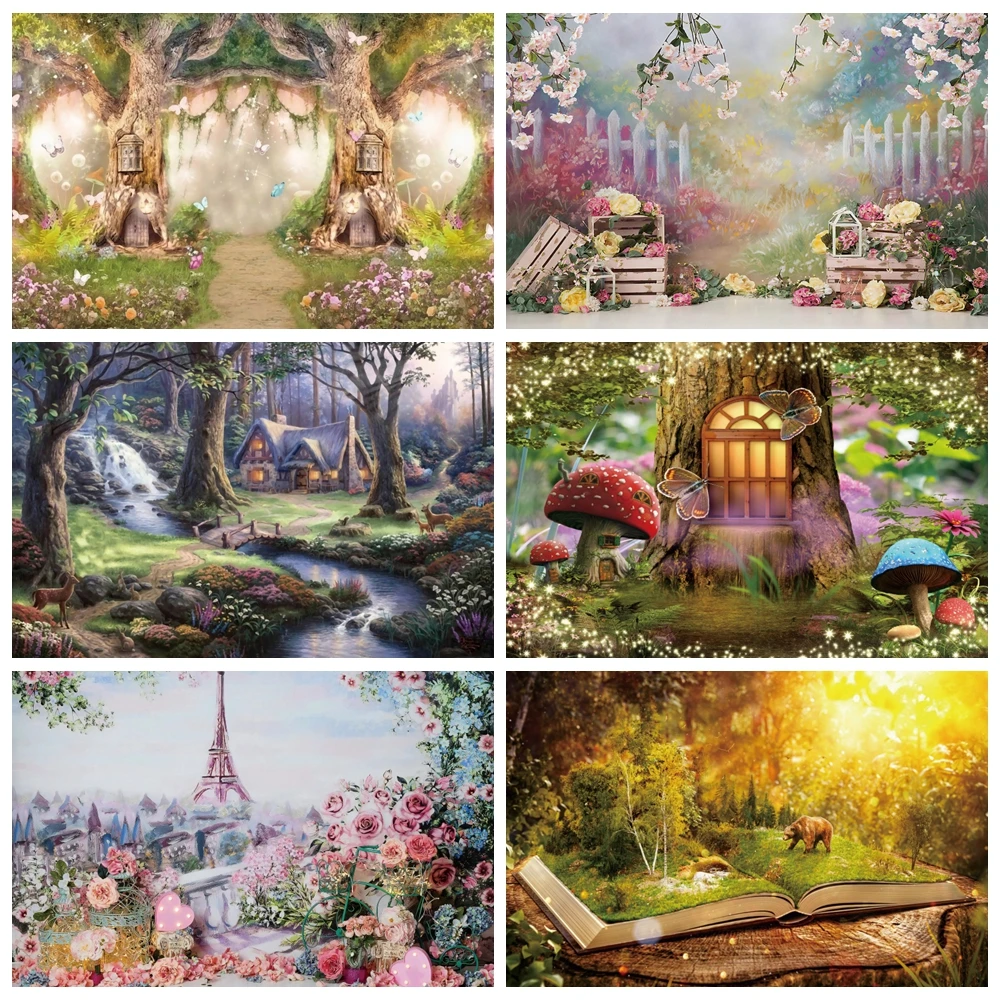 Сказочный фон для детской фотосъемки с изображением сказочного леса и дерева |