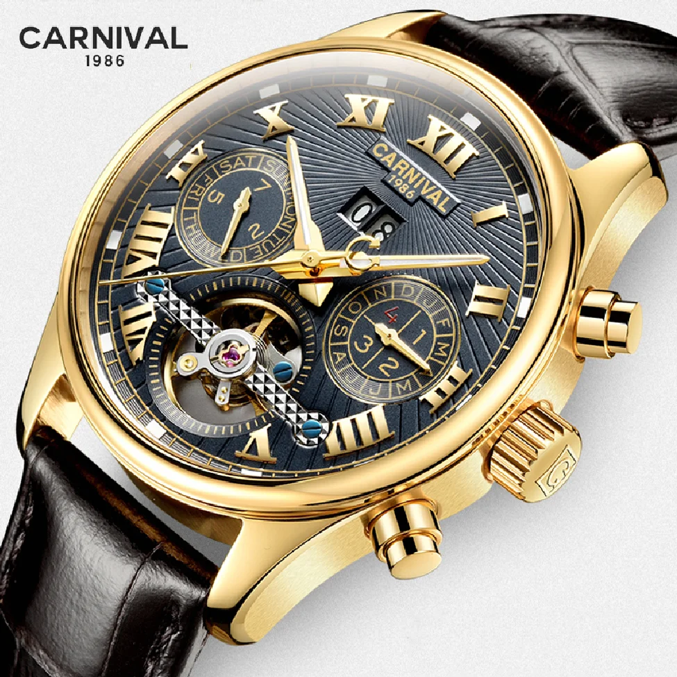 CARNIVAL Automatic Mechanical Watch Mens Top Luxury Brand Tourbillon Business Sports Leather Luminous Calendar Men Watches
CARNIVAL Automatic Mechanical Watch Mens Top Luxury Brand Tourbillon Business Sports Leather Luminous Calendar Men Watches