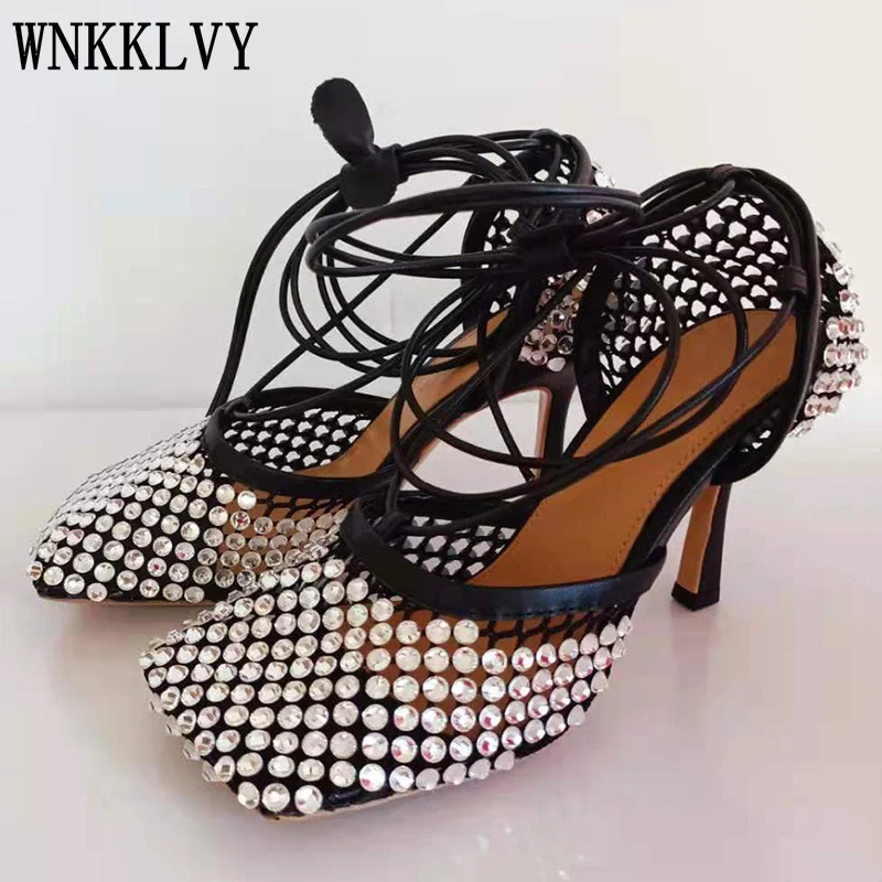

Runway Net Mesh Thin High Heel Sandals Women Square Toe Ankle Strappy Gladiator Sandalias Summer Sexy Party Nightclub Shoes 2021