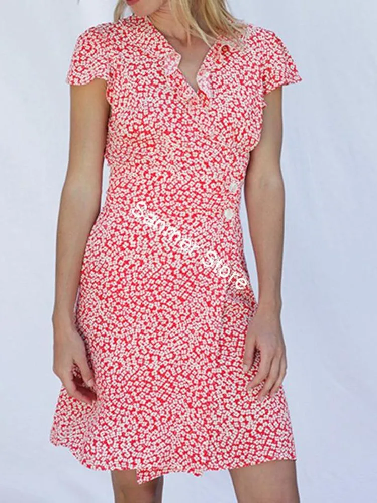 Red Green Women's Wrap Dress Ruffles V-neck Floral Print Vintage Holiday Style Buttons Spring Summer Lady Mini Dress New
Red Green Women's Wrap Dress Ruffles V-neck Floral Print Vintage Holiday Style Buttons Spring Summer Lady Mini Dress New