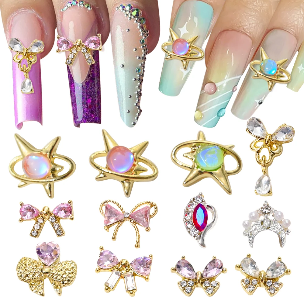 

10pcs 3D Planet Star Nail Charms Luxury Pink Zircon Bowknot DIY Rhinestones Japan Korea Glitter Crystal Supplies Professionals *