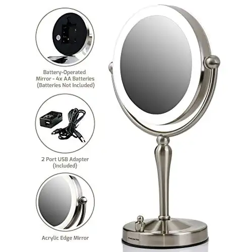 Lighted Makeup Mirror Tabletop 7.5'' Degree Double Sided Spinning 1X 5X Round Magnifier, LED with Dimmer Switch, Acrylic Edge,
Lighted Makeup Mirror Tabletop 7.5'' Degree Double Sided Spinning 1X 5X Round Magnifier, LED with Dimmer Switch, Acrylic Edge,