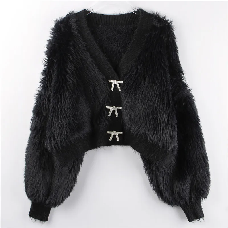 Imitation Mink Hair Knitted Cardigan Lantern Sleeve V-neck Short Bow Diamond Button Sweater Thick Coat Women's Solid Color
Imitation Mink Hair Knitted Cardigan Lantern Sleeve V-neck Short Bow Diamond Button Sweater Thick Coat Women's Solid Color