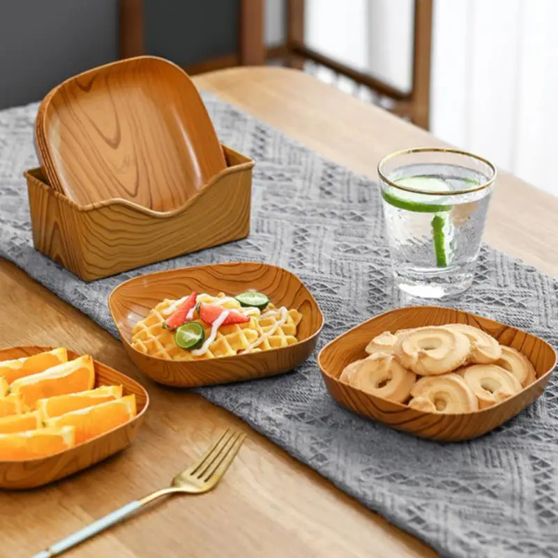 

Imitation Wood Snack Plates Plastic Creative Square Cake Plate Dried Fruit Snack Salads Sushi Dish Reusable Kitchen Gadgets