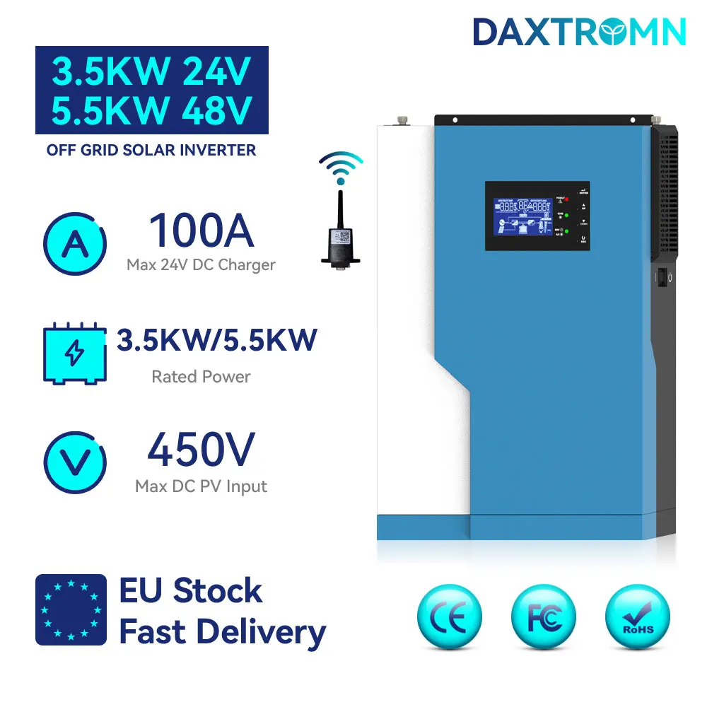 DAXTROMN Hybrid Solar Inverter Pure Sine Wave MPPT 100A 24V 48V 230VAC Max PV 450V 3.5KW 5.5KW Off Grid Inverter 50Hz/60Hz Wifi
DAXTROMN Hybrid Solar Inverter Pure Sine Wave MPPT 100A 24V 48V 230VAC Max PV 450V 3.5KW 5.5KW Off Grid Inverter 50Hz/60Hz Wifi