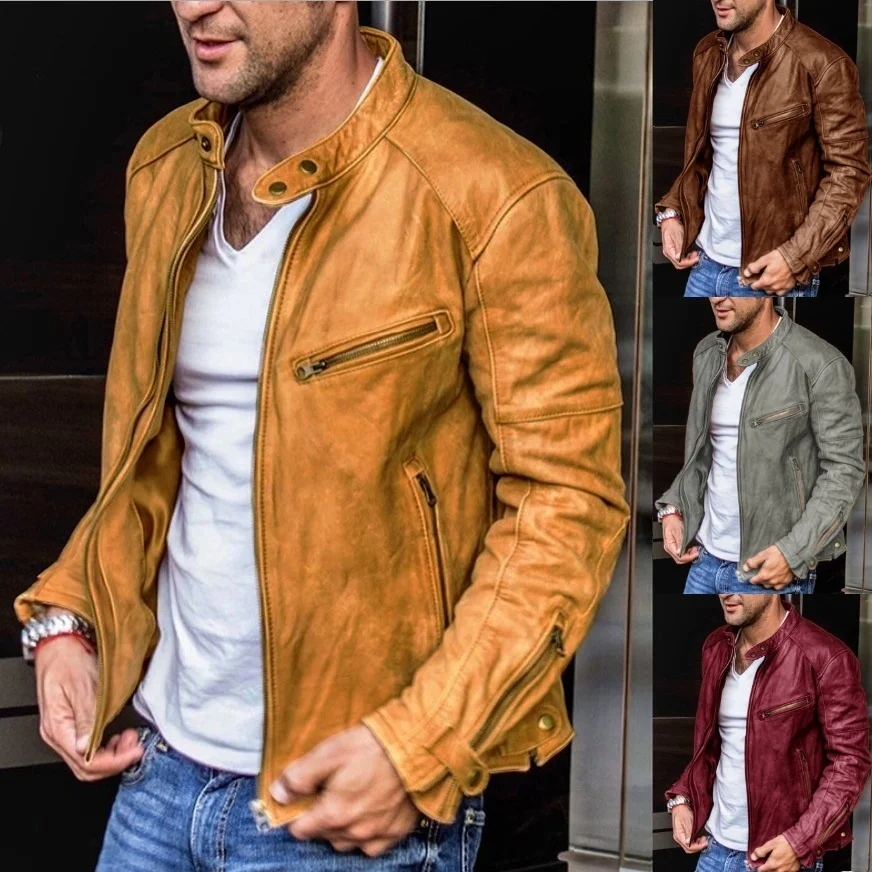 

2022 New Autumn Men's Leater Jacket Coat Brown Leater Motorcycle Clotes Fasion Street Clotin Personality Men's Wear