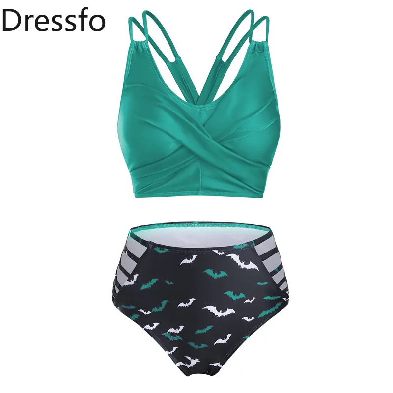 

Dressfo Gothic Bikini Set Swimwear Bat Print High Waist Shorts Swimsuit Lace-up Crossover Cut Out Two Piece Bathing Suit 2023