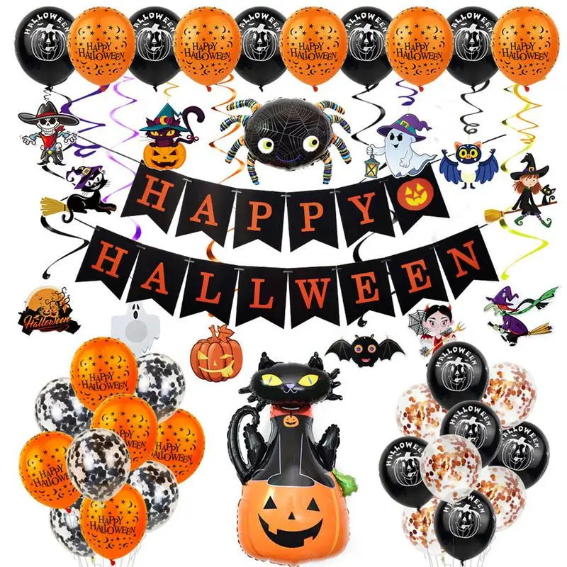 

Воздушные шары на Хэллоуин, оранжевые и черные шары, украшение, тыква, черная кошка, паук и призрак, празднование Хэллоуина, трюк или искусство