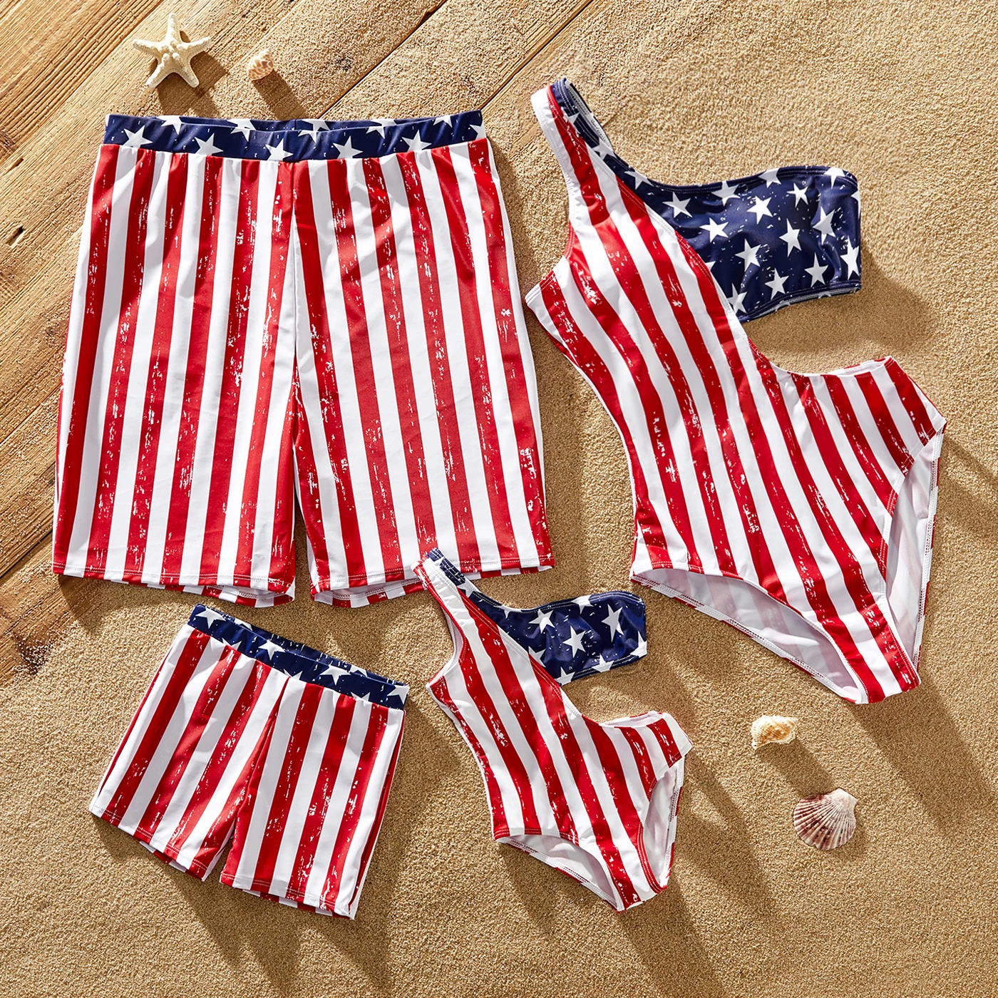 

PatPat Independence Day Family Matching Star & Striped Print One Shoulder Cut Out Waist One-piece Swimsuit or Swim Trunks Shorts