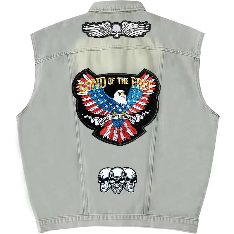 

Fashion Men Motorcycle Vest Jean Jacket Embroidery Patches Denim Vest Hip Hop Jean Coats Waistcoat Men Cowboy Sleeveless Jacket