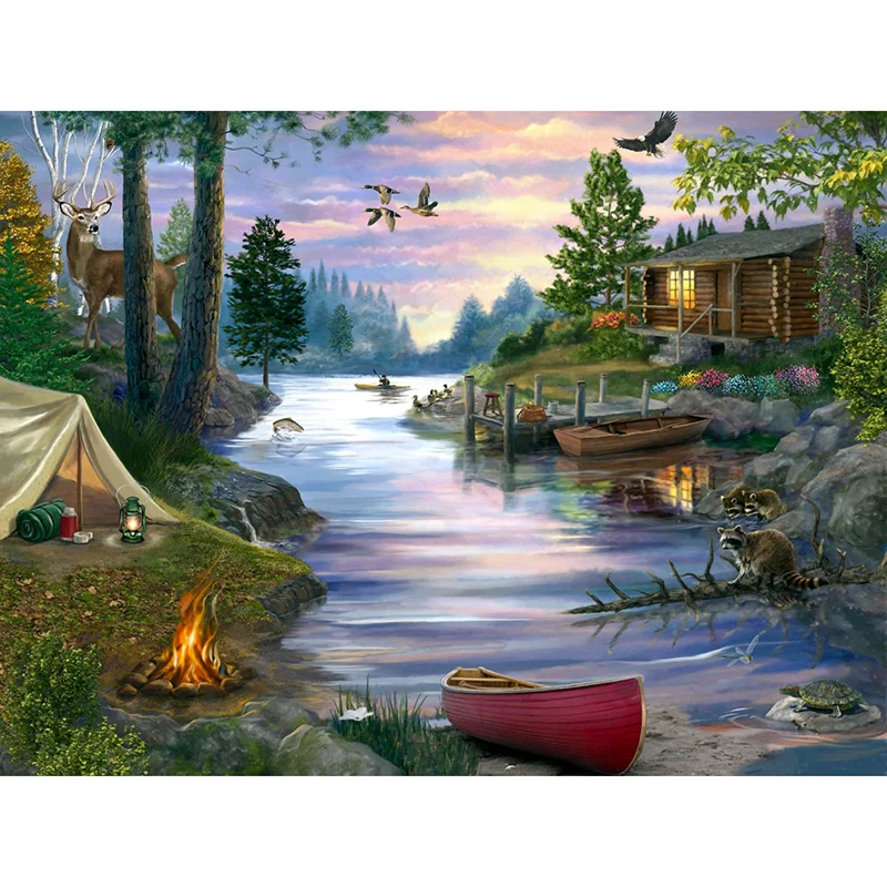 

Cabin Lake Diamond Mosaic Landscape Cross Stitch Kits Diamond Painting Sunset Full Square Embroidery River DIY 5D Wall Art Decor