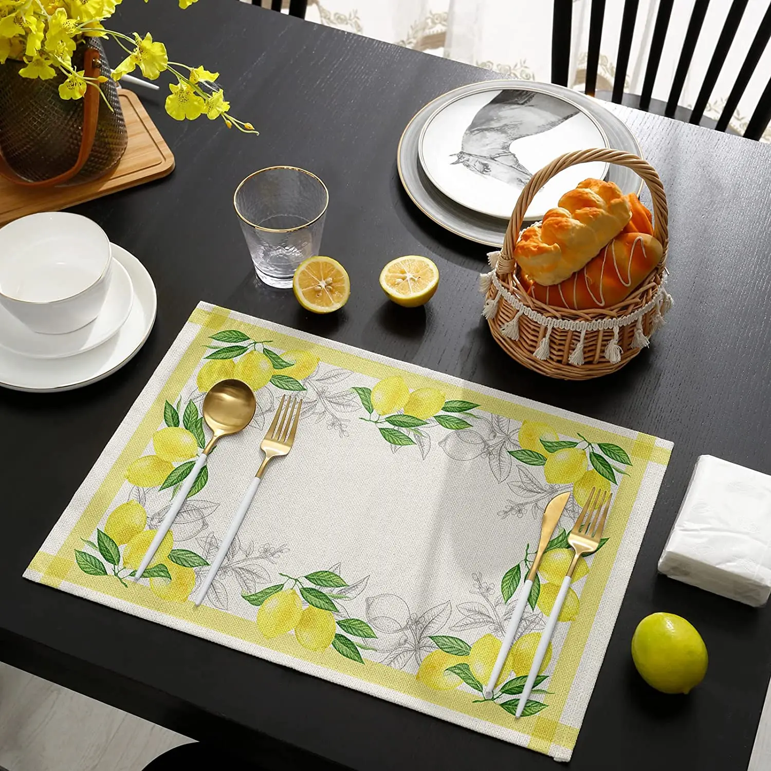 Cotton Linen Placemats Set, Hello Sunshine Lemon Summer Fruit Retro Yellow Stripe Washable and Durable Table Mats
Cotton Linen Placemats Set, Hello Sunshine Lemon Summer Fruit Retro Yellow Stripe Washable and Durable Table Mats