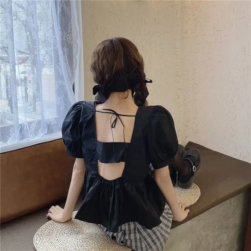 Blouse Women Preppy Style Sweet Girls Backless Ins Summer Stylish Puff Sleeve All-match Party Casual Black Solid Korean Blusas
Blouse Women Preppy Style Sweet Girls Backless Ins Summer Stylish Puff Sleeve All-match Party Casual Black Solid Korean Blusas