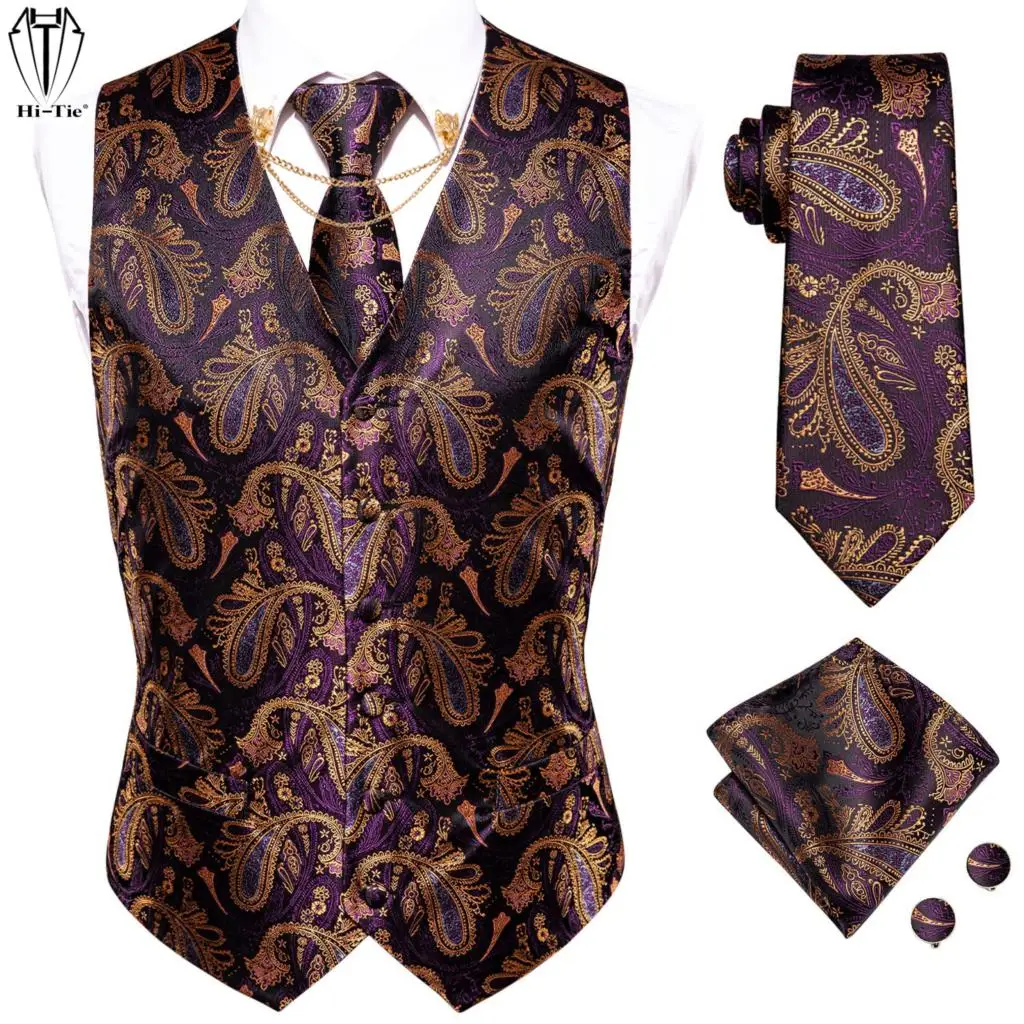 Hi-Tie Silk Mens Vests Purple Paisley Jaquard Waistcoat Tie Hankerchief Cufflinks Gold Collar Pin Set for Men Dress Suit Wedding
Hi-Tie Silk Mens Vests Purple Paisley Jaquard Waistcoat Tie Hankerchief Cufflinks Gold Collar Pin Set for Men Dress Suit Wedding