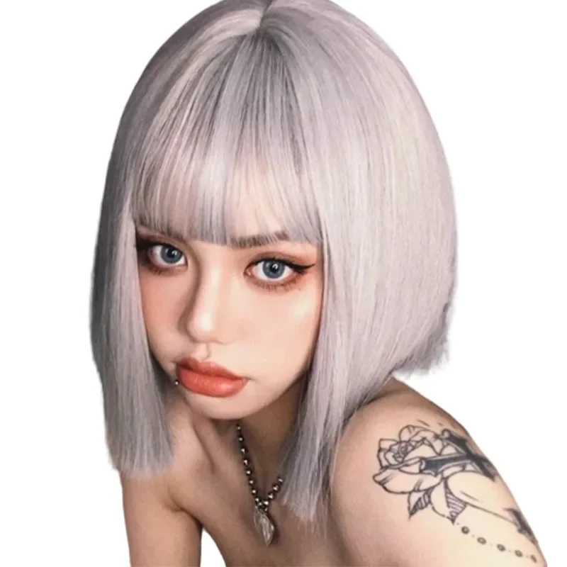 

35cm Wig Silver White Girl Short Straight Hair Multiple Colors Personality Versatile Natural Daily Cos Closure Wigs for Women