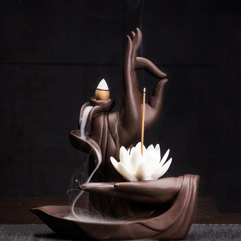 

Lotus Ceramic Hand Incense Holder Backflow Buddha Zen Smoke Waterfall Incense Holder Air Freshen Diffus Incensario Home Decor