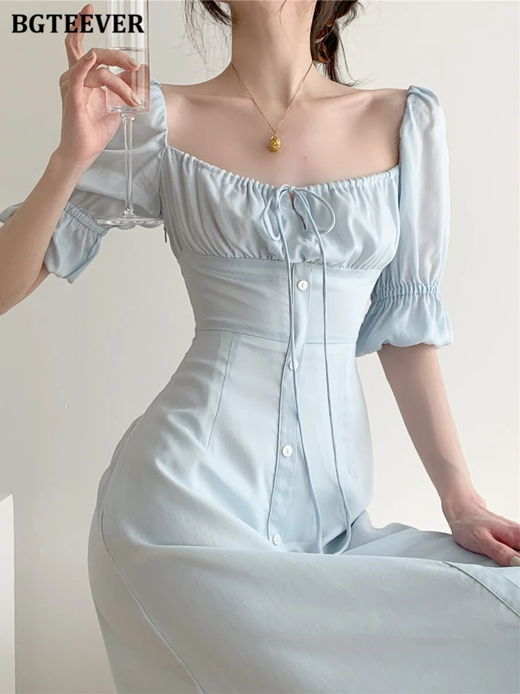 BGTEEVER Casual Puff Sleeve Women A-line Dress Summer Square Collar Lace-up Single-breasted Slim Waist Female Dress vestidos 
BGTEEVER Casual Puff Sleeve Women A-line Dress Summer Square Collar Lace-up Single-breasted Slim Waist Female Dress vestidos
