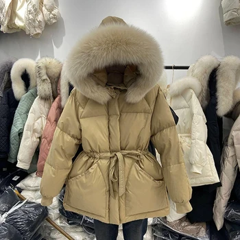 2024 Winter Womens Down Jackets Ultra Light Warm Coat Female ski Jacket Woman With a Belt Hooded Parka Big Fur Collar Overcoat