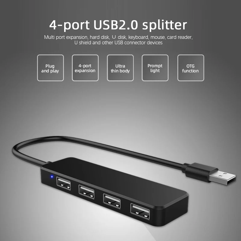 4-портовый концентратор USB 2,0 с поддержкой Windows XP/Vista/7/8 и с поддержкой USB, 4-портовый одновременный привод, Ультратонкий портативный концентратор