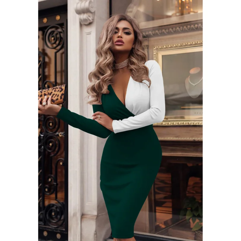 Woman Spring Dress Long Sleeve Party Dress Deep v Neck Bodycon Dresses Fashion Black White Color Matching Office Lady Bodycon
Woman Spring Dress Long Sleeve Party Dress Deep v Neck Bodycon Dresses Fashion Black White Color Matching Office Lady Bodycon