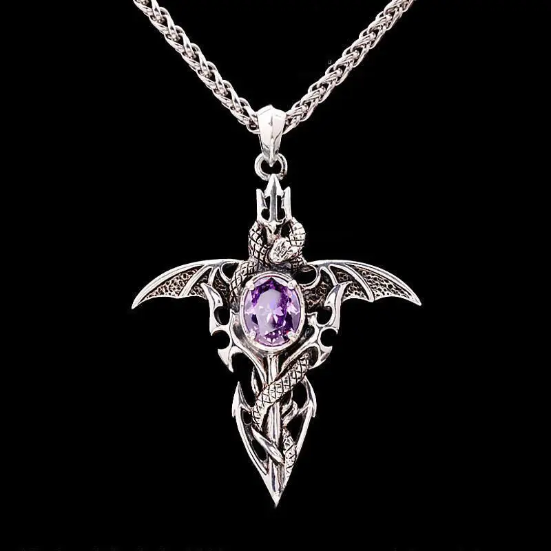 Vintage Demon Sword Purple Crystal Pendant Necklace Cross Pterosaur Long Chain Necklace Hip Hop Jewelry Accessories Gifts
Vintage Demon Sword Purple Crystal Pendant Necklace Cross Pterosaur Long Chain Necklace Hip Hop Jewelry Accessories Gifts