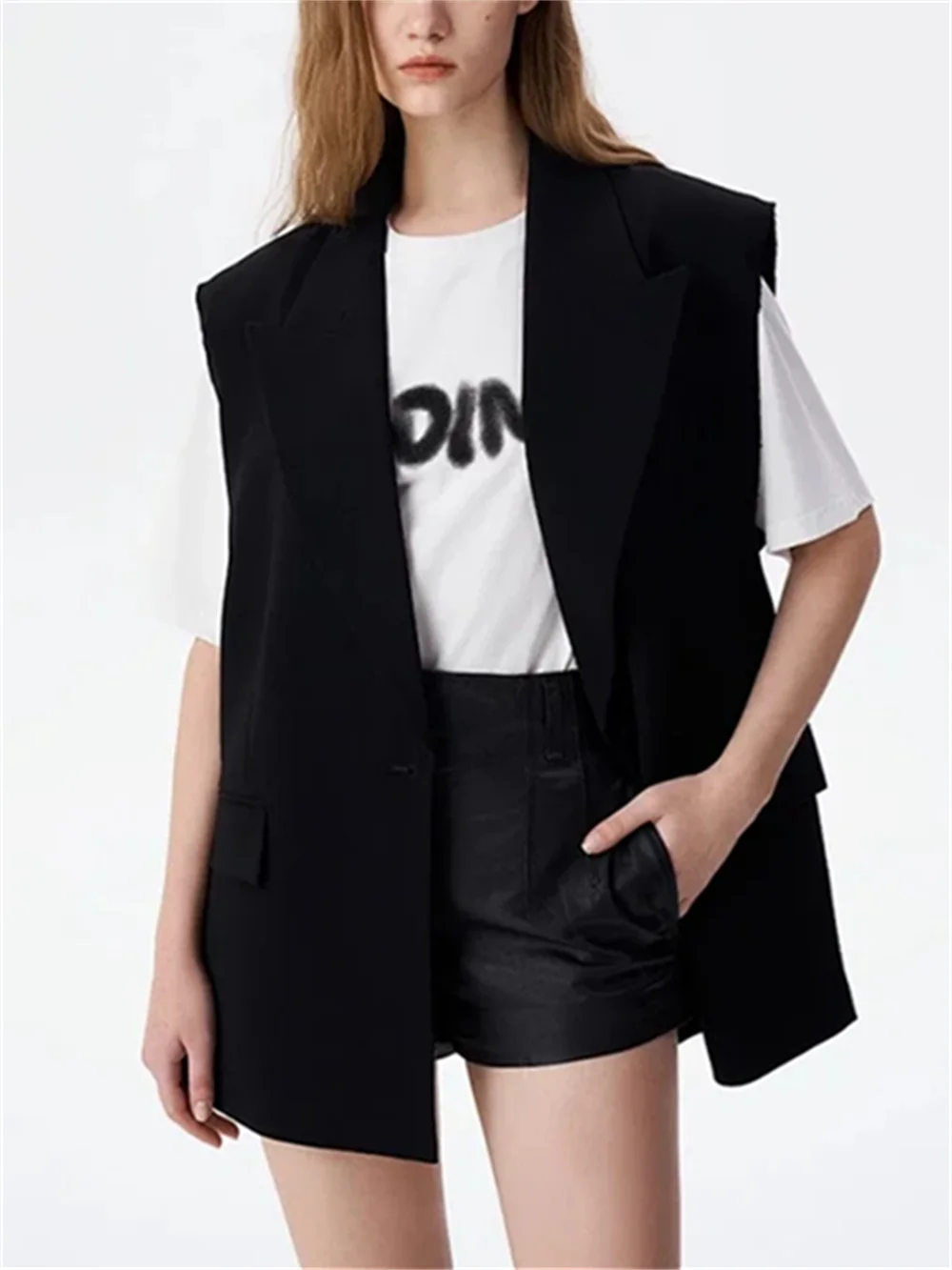 

Black Suit Vest Women's Temperament Simple Sleevelss V-neck Female Single Button Blazer 2023 Spring